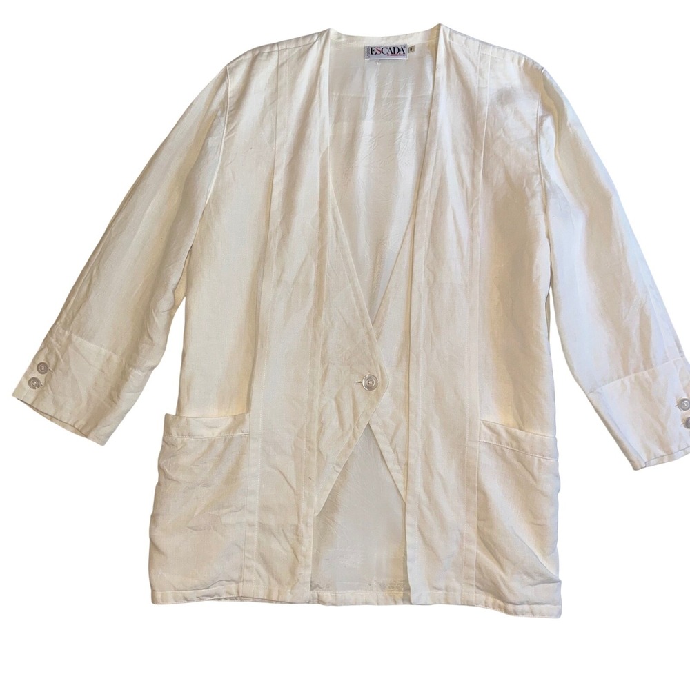 VTG Escada Linen Blazer Womens 40 Coat White Pockets Designer Chic Pearl Buttons